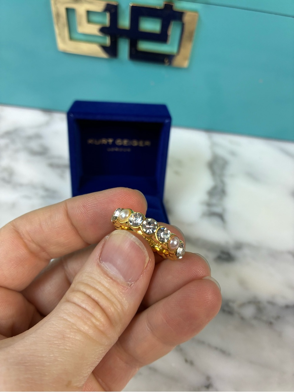 Brand New Kurt Geiger London Gold Plated Pave Crystal & Faux Pearl Size 7 Ring - Picture 2 of 8